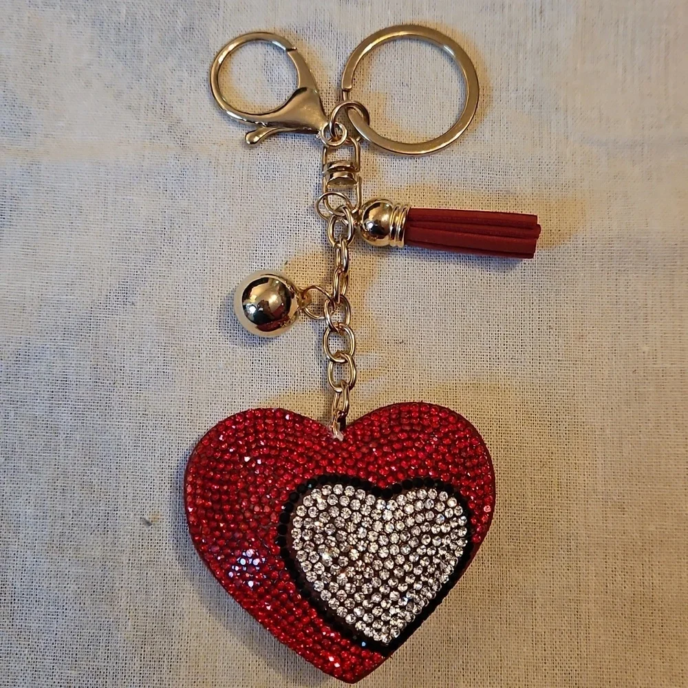Red & Silver Rhinestone Double Heart Keychain or Purse Charm with Tassel, NWOT